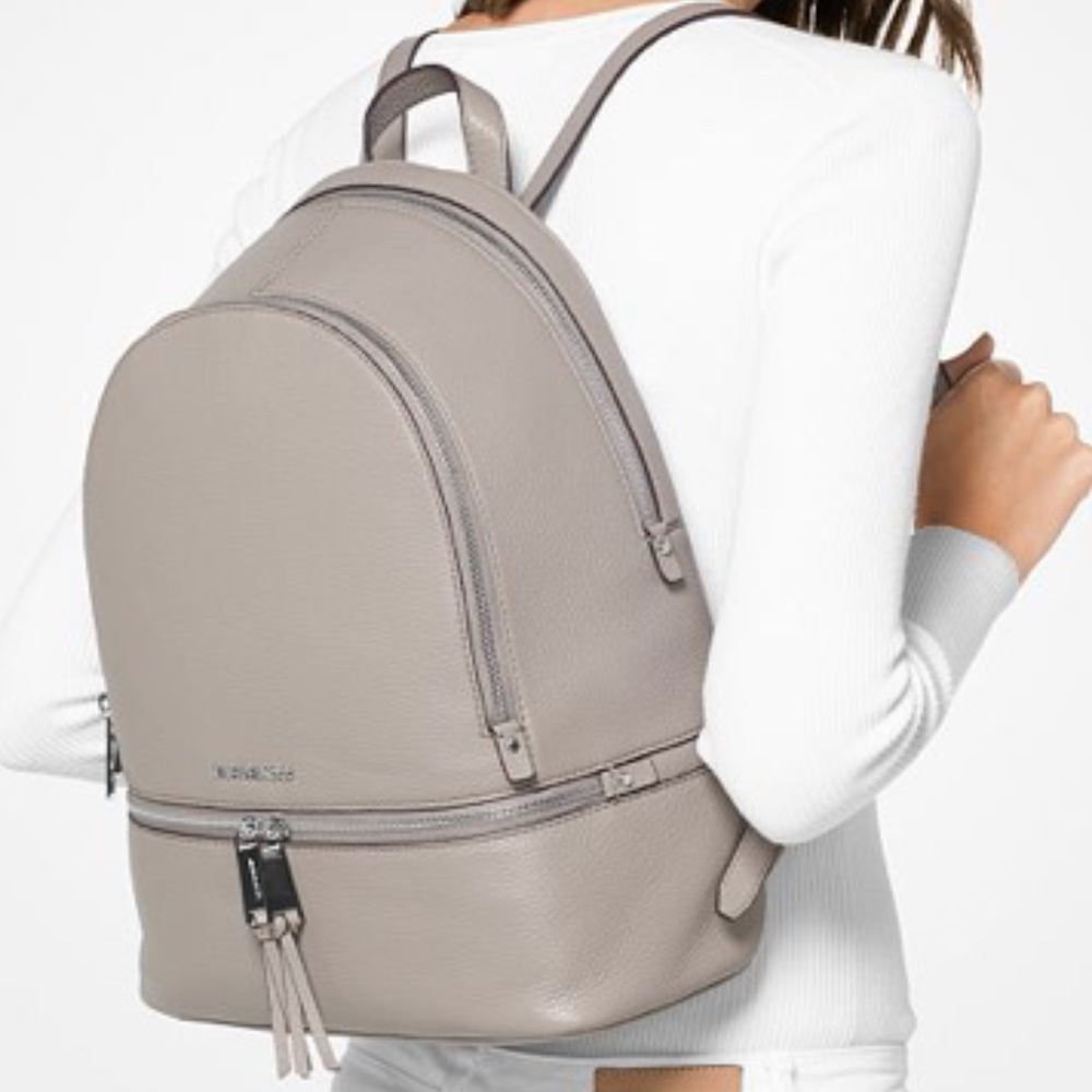 NWT Michael Kors Signature Stripe Rhea Backpack Pearl Grey/Silver